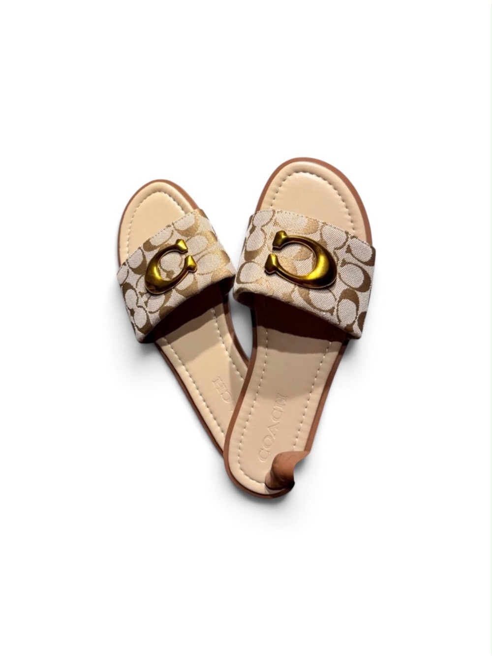 Coach Signature Canvas Slide Sandals in Beige with Gold Hardware
